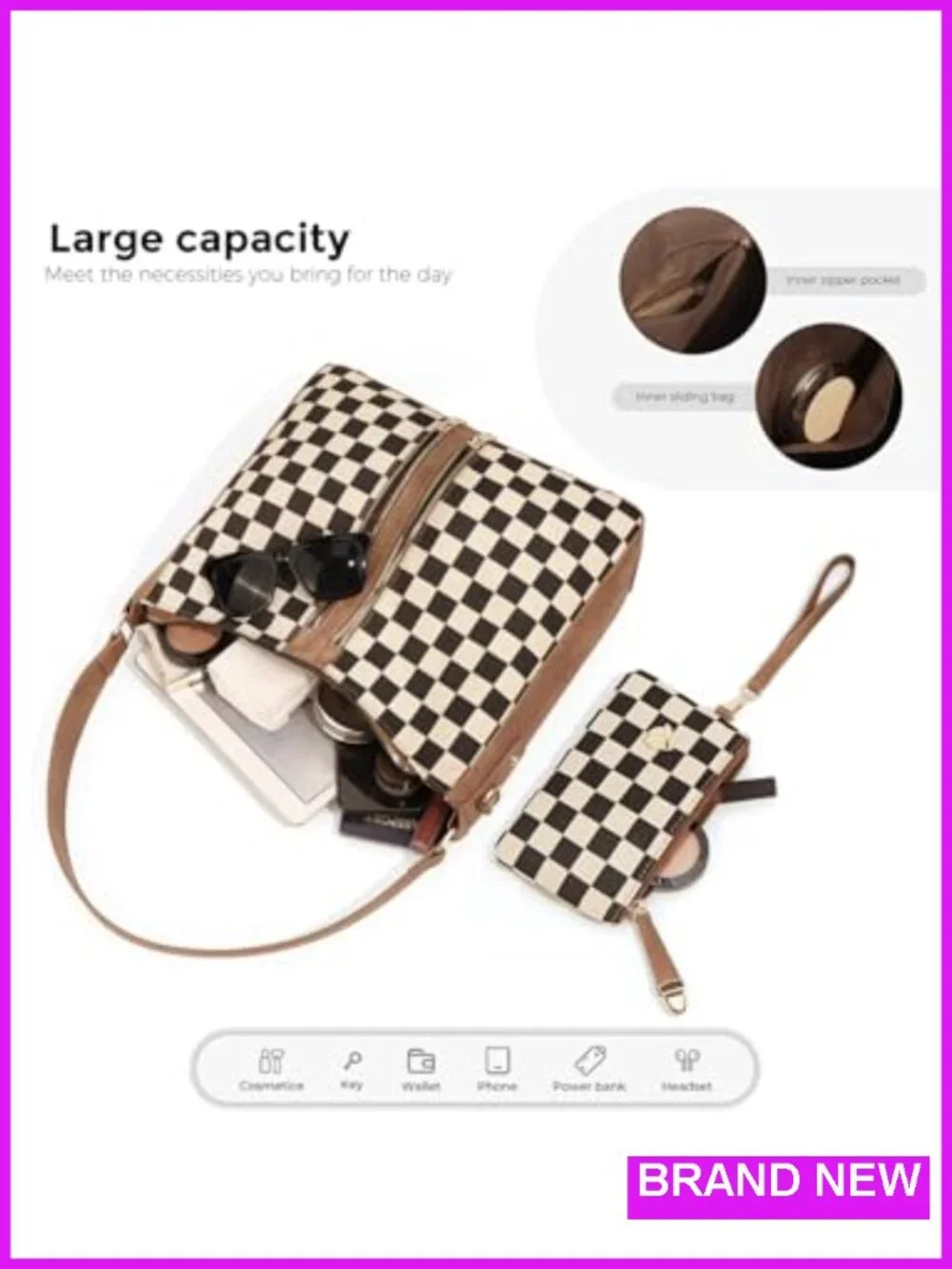 PU Leather Canvas Checkered Hobo Tote Crossbody Bag with Adjustable Strap